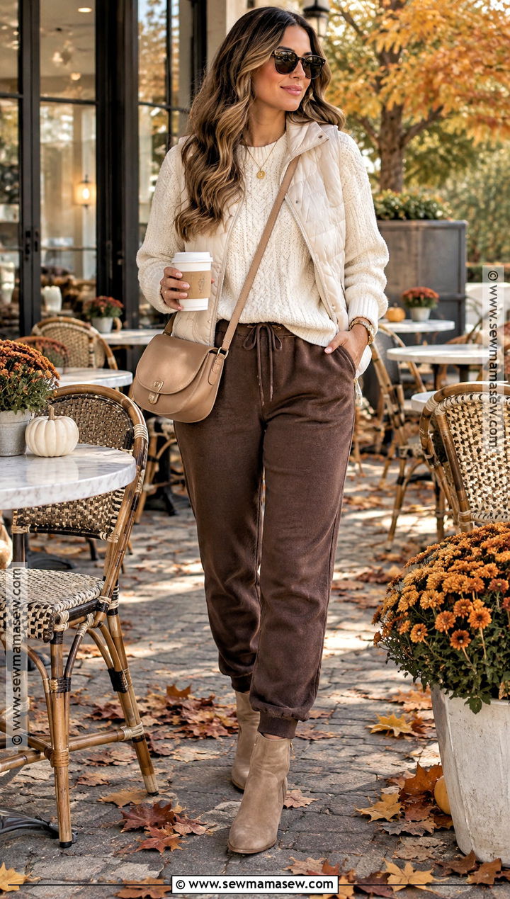 Brown Sweatpants With Cream Sweater - 15 autumn sweatpants ideas