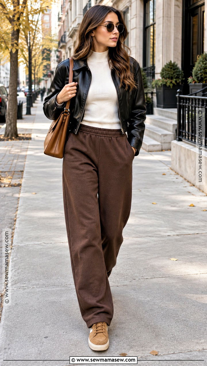 Brown Sweatpants With Leather Jacket And Suede Sneakers - 20 sweatpants fall outfit ideas