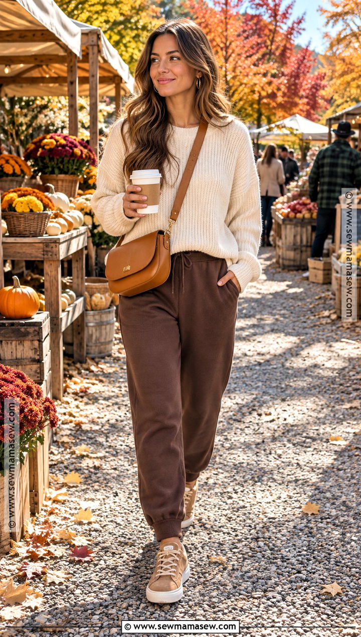 Brown Sweatpants With a Cream Sweater - 15 Cute Fall Sweatpants Outfits