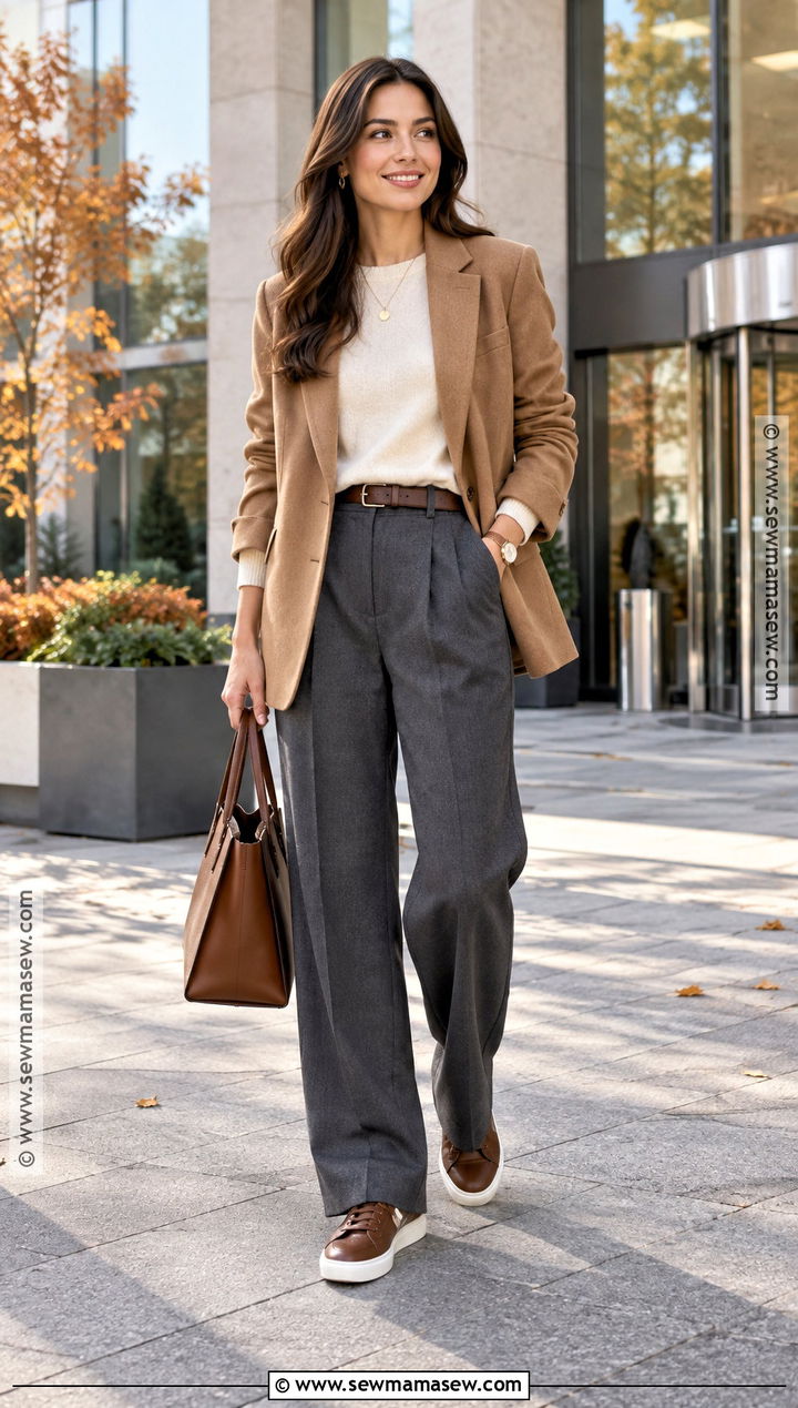 Brown Tennis Shoes With Trousers And Blazer - 15 tennis shoes outfit fall