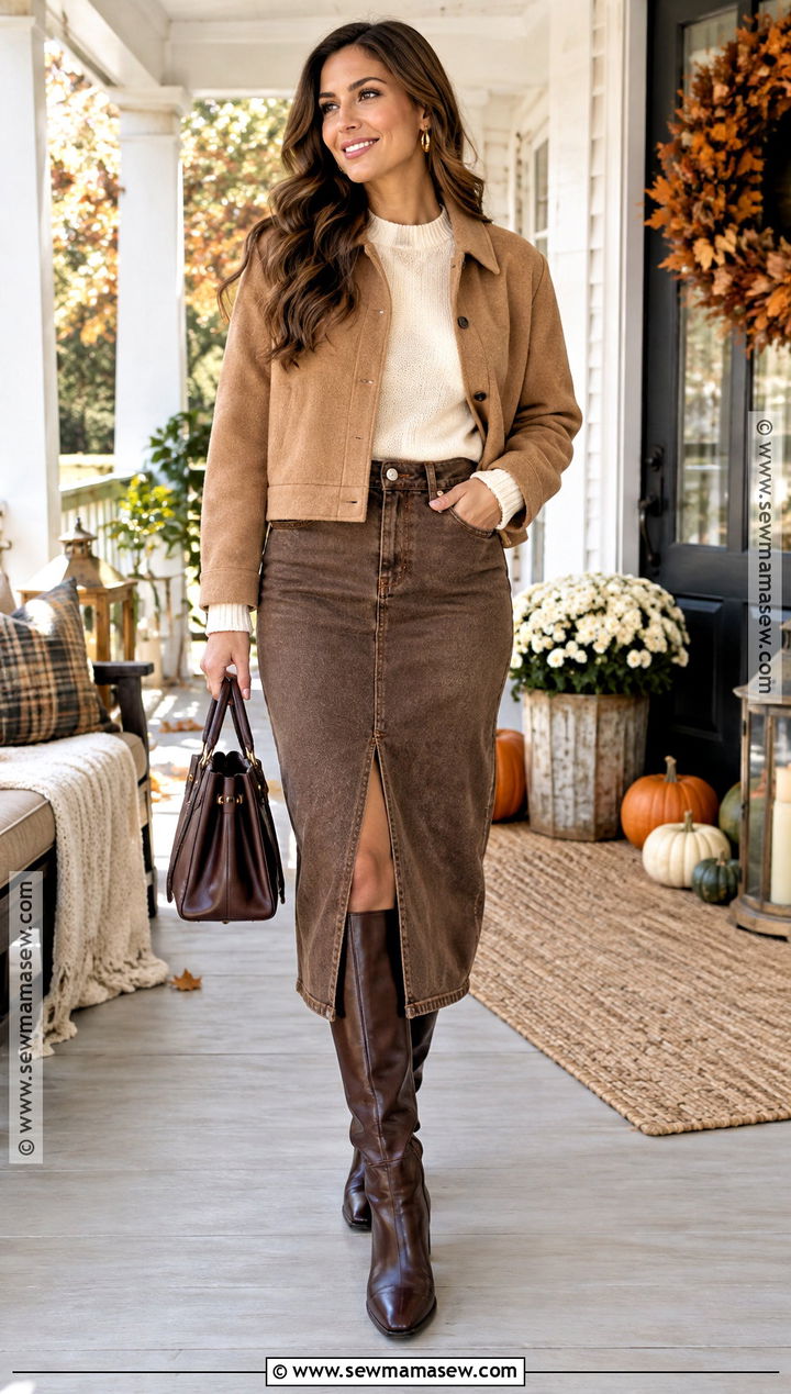 Brown Thanksgiving Denim Skirt Outfit - 25 Brown Thanksgiving Outfit Ideas