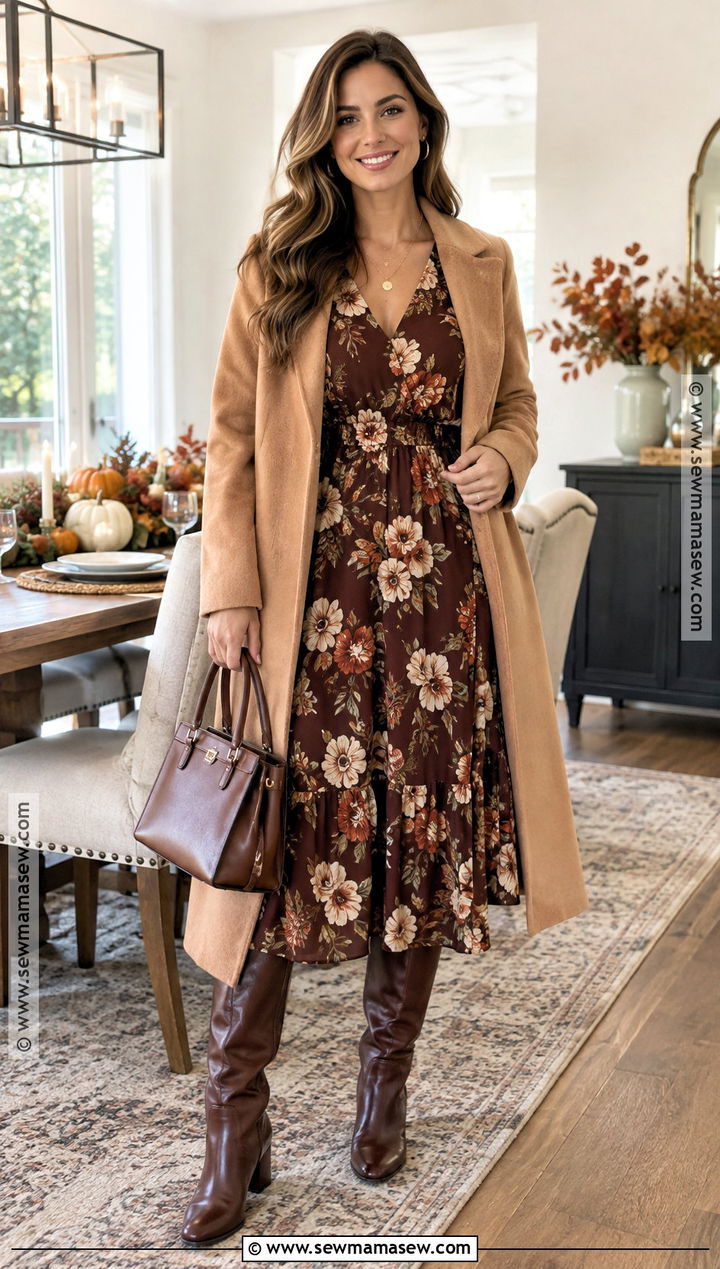 Brown Thanksgiving Floral Dress Outfit - 25 Brown Thanksgiving Outfit Ideas