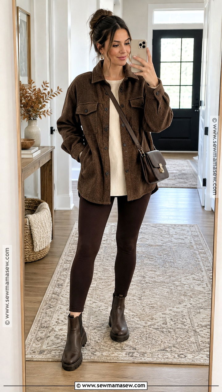 Brown Thanksgiving Shacket And Leggings Outfit - 25 Brown Thanksgiving Outfit Ideas
