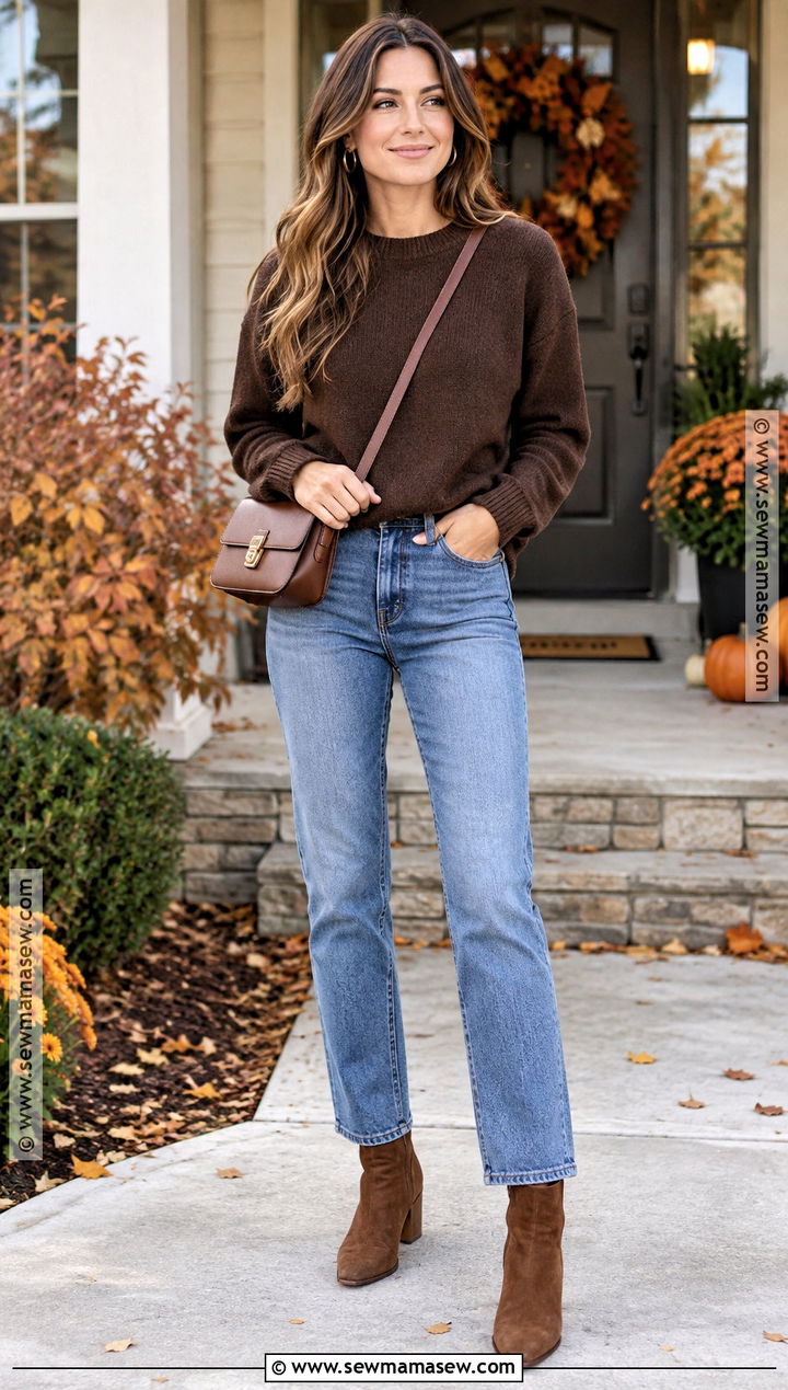 Brown Thanksgiving Sweater And Jeans Outfit - 25 Brown Thanksgiving Outfit Ideas