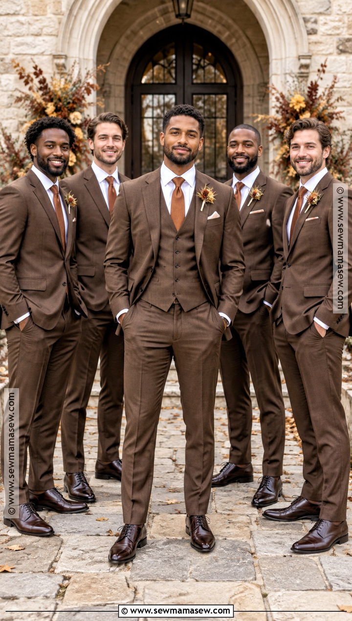 Brown Three Piece Groom And Groomsmen Suits - 15 groom and groomsmen attire fall wedding ideas