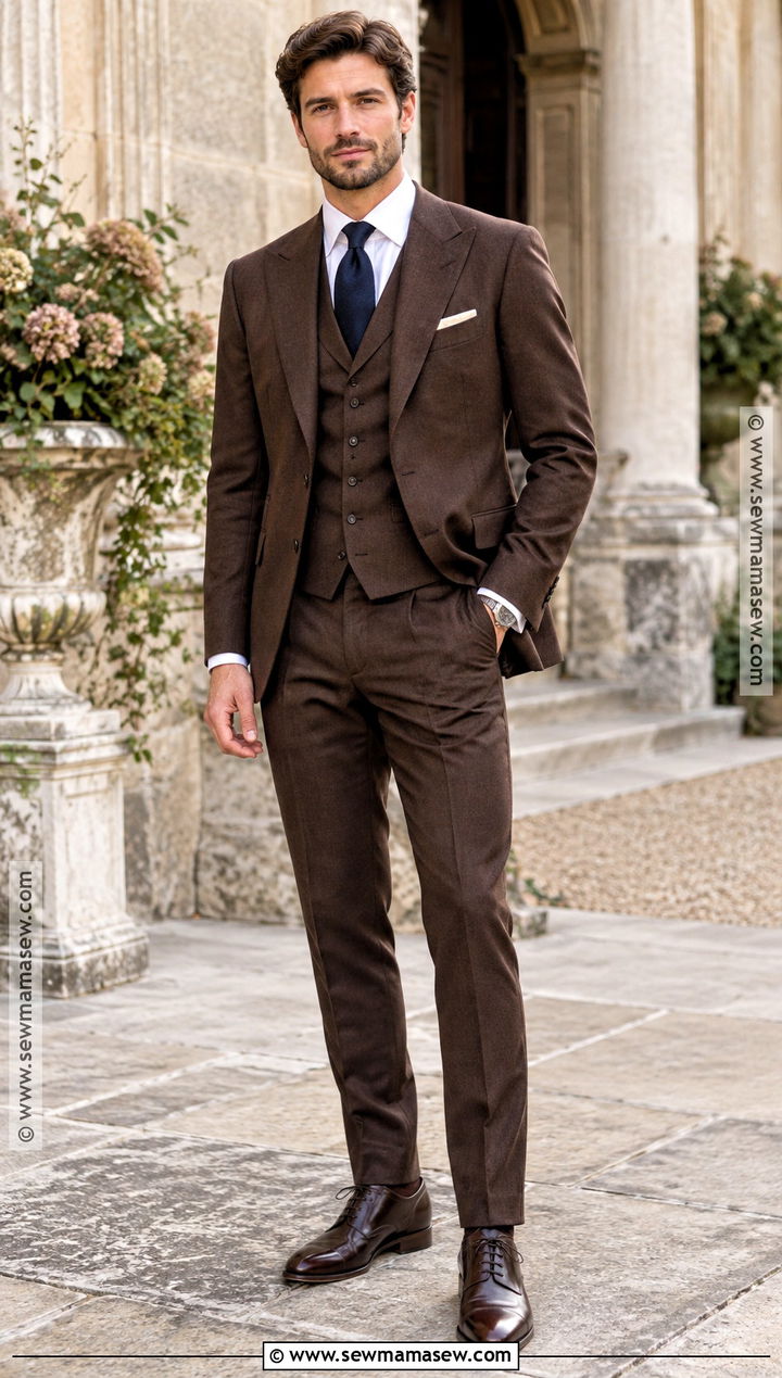Brown Three Piece Suit Fall Wedding Guest Outfit - 15 fall wedding attire for men guest ideas
