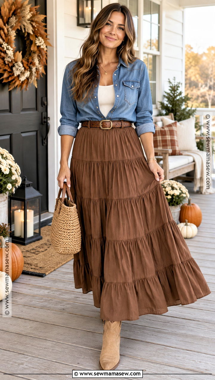 Brown Tiered Skirt With Denim Shirt - 20 Thanksgiving Outfit Brown Skirt Ideas