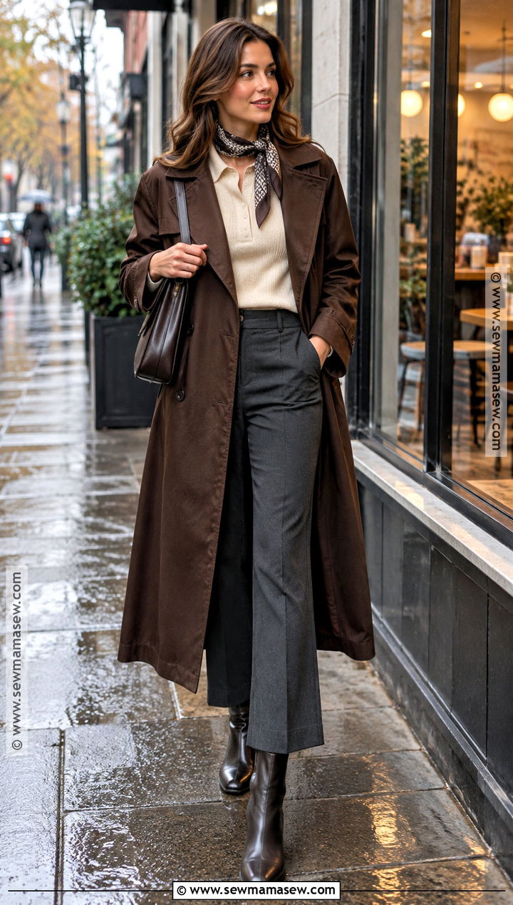 Brown Trench And Cropped Flare Pants Fall Outfit - 20 fall outfits rainy day