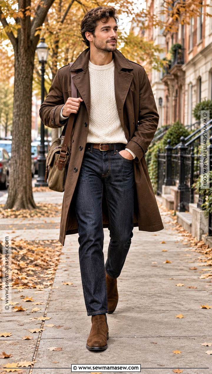 Brown Trench Coat With Cream Sweater And Dark Jeans - 15 men's autumn trench coat ideas