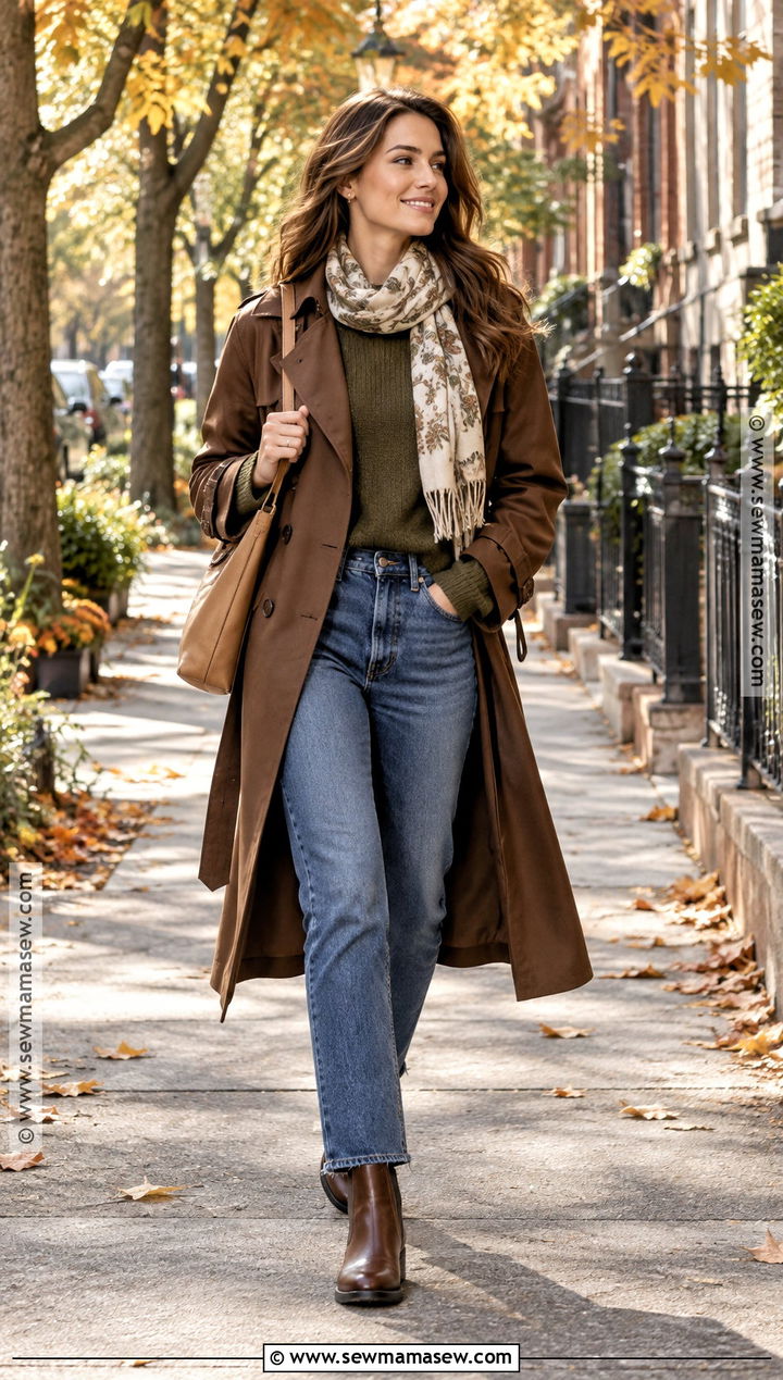 Brown Trench Coat With Olive Sweater And Blue Jeans - 20 Trench Coat Outfit Autumn Ideas