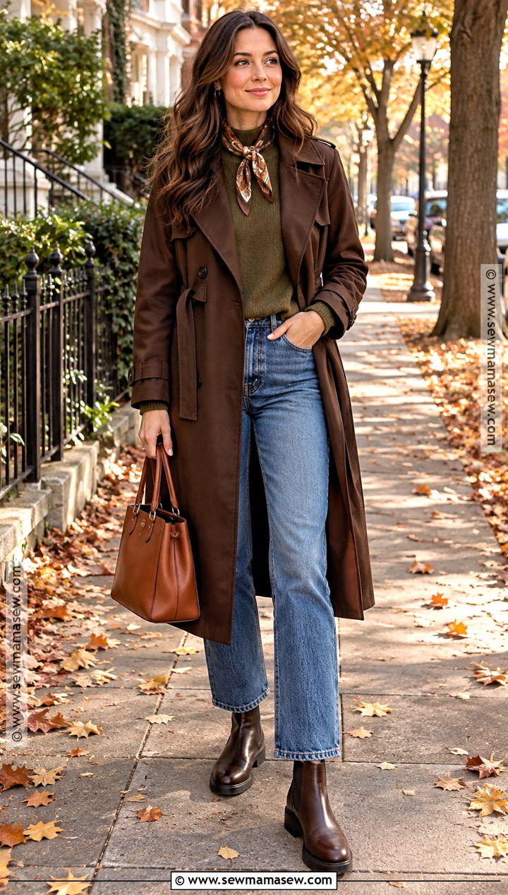 Brown Trench Coat With Olive Sweater And Chelsea Boots - 15 autumn trench coat ideas for women
