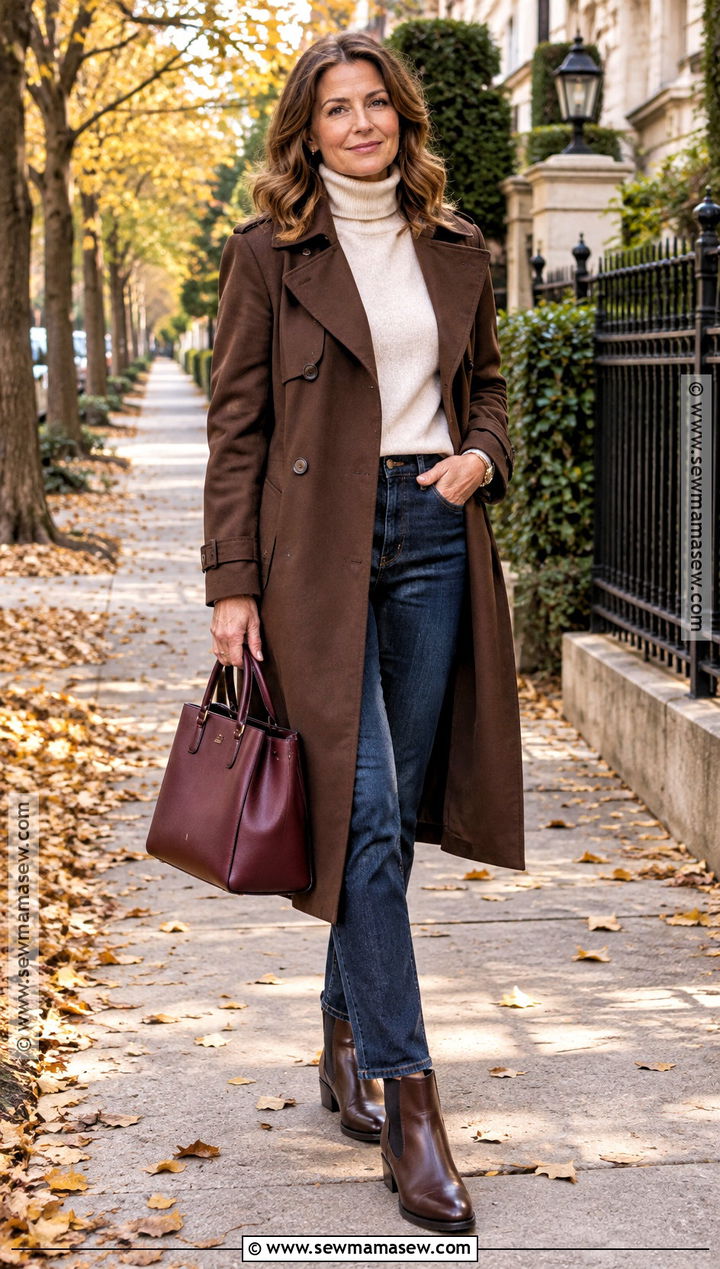 Brown Trench Coat With Turtleneck And Dark Jeans - 15 casual fall trench coat ideas