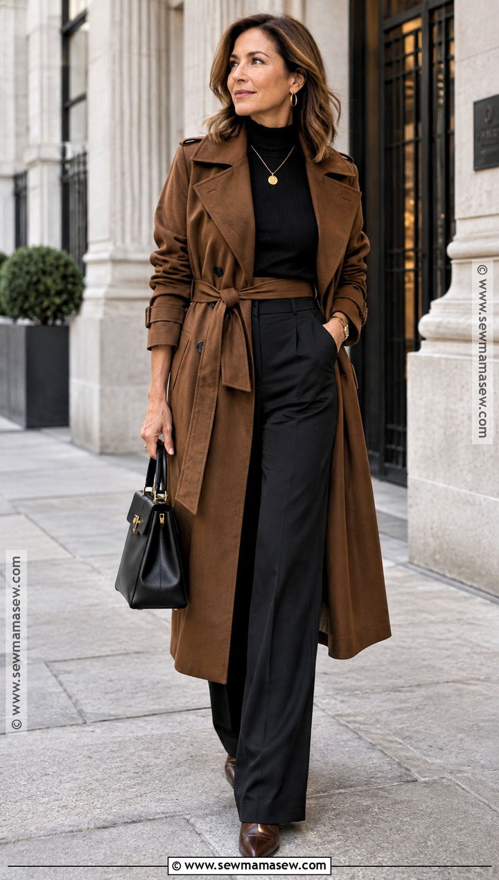 Brown Trench Coat and Black Trousers Outfit - 20 Brown Outfit Autumn Ideas