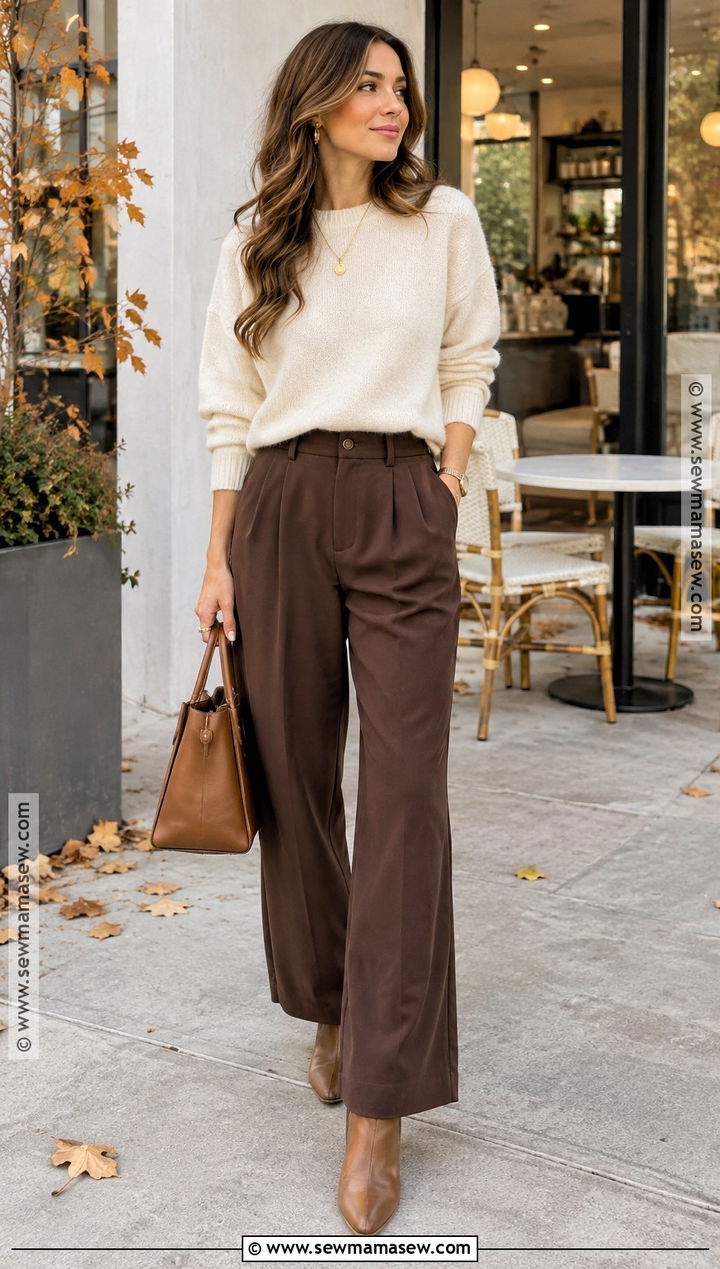 Brown Trousers With Cream Sweater - 20 fall outfits with brown pants