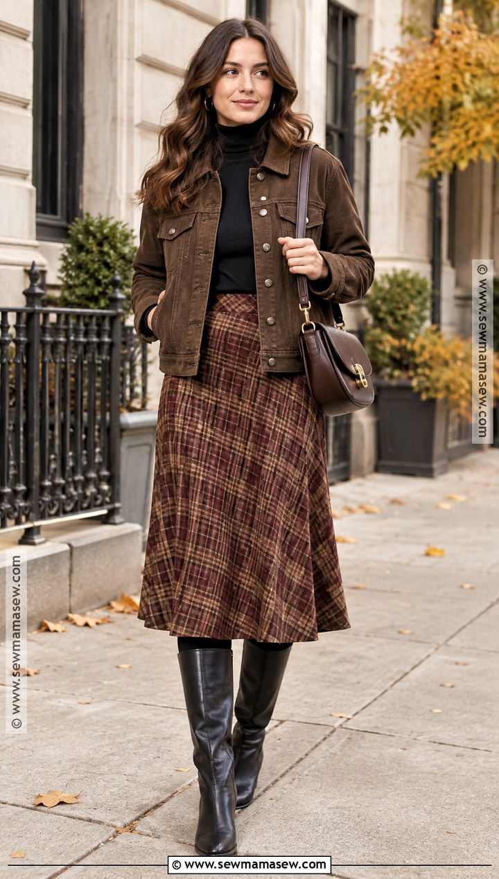 Brown Trucker Jacket With A Plaid Skirt - 20 Brown Jacket Fall Outfit Ideas