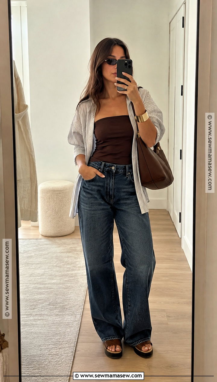 Brown Tube Top and Relaxed Jeans Fall Outfit - 15 Cute Hot Fall Day Outfits
