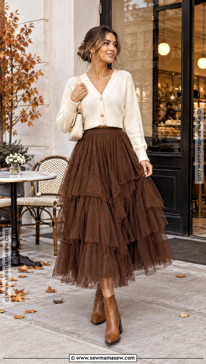 Brown Tulle Skirt With Cream Cardigan - 15 tulle skirt fall outfit ideas