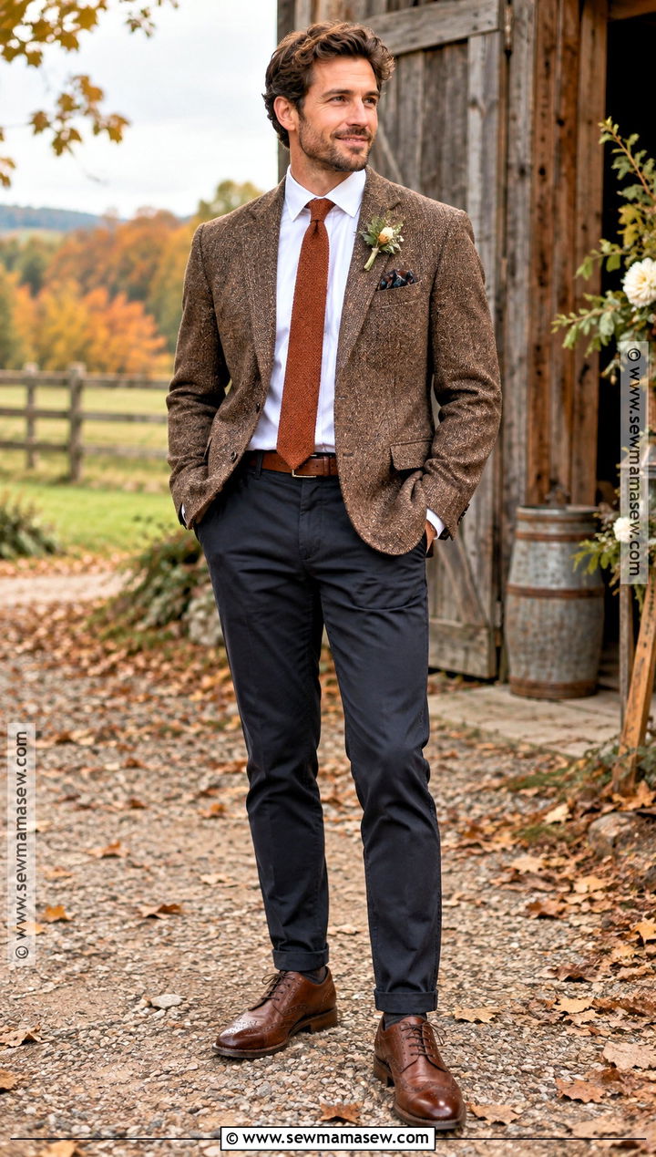 Brown Tweed Blazer Fall Groom Outfit - 15 casual fall groom attire ideas