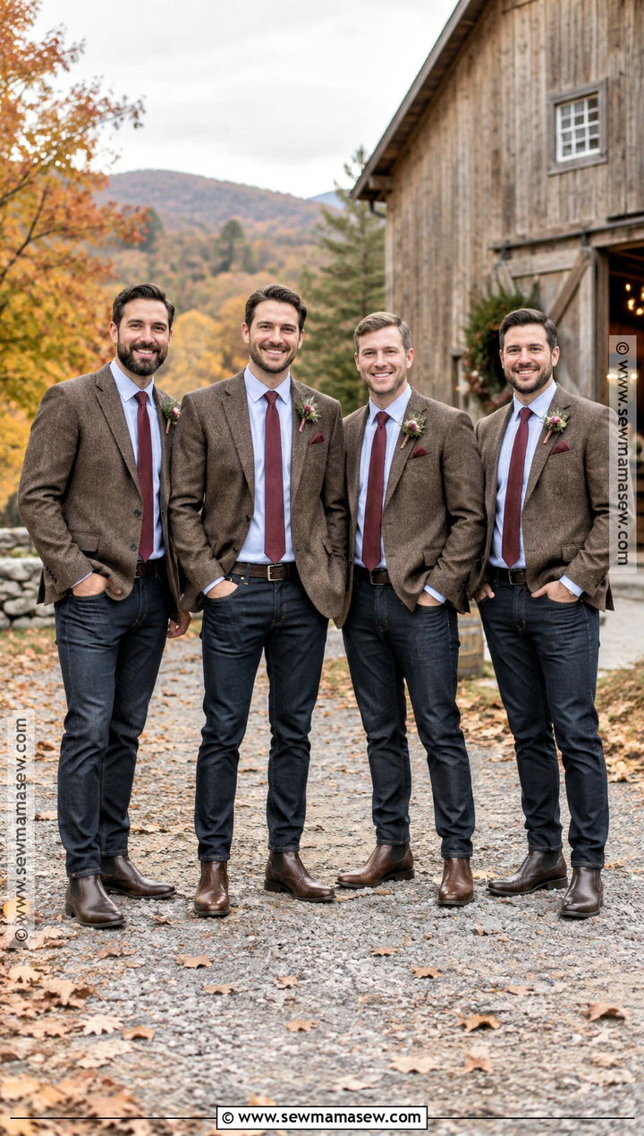 Brown Tweed Blazer Groomsmen Outfit With Jeans - 15 fall wedding groomsmen attire jeans