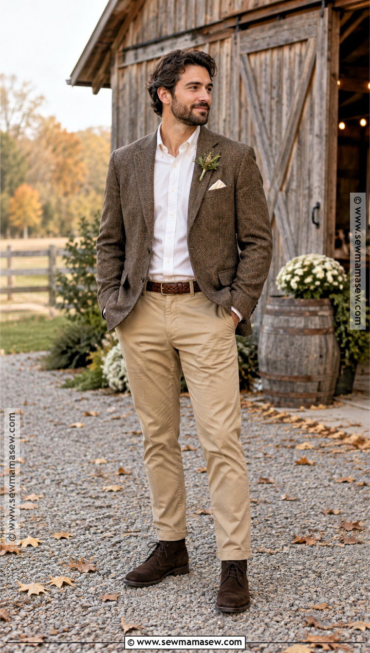 Brown Tweed Blazer With Khaki Chinos - 15 fall casual groom attire ideas