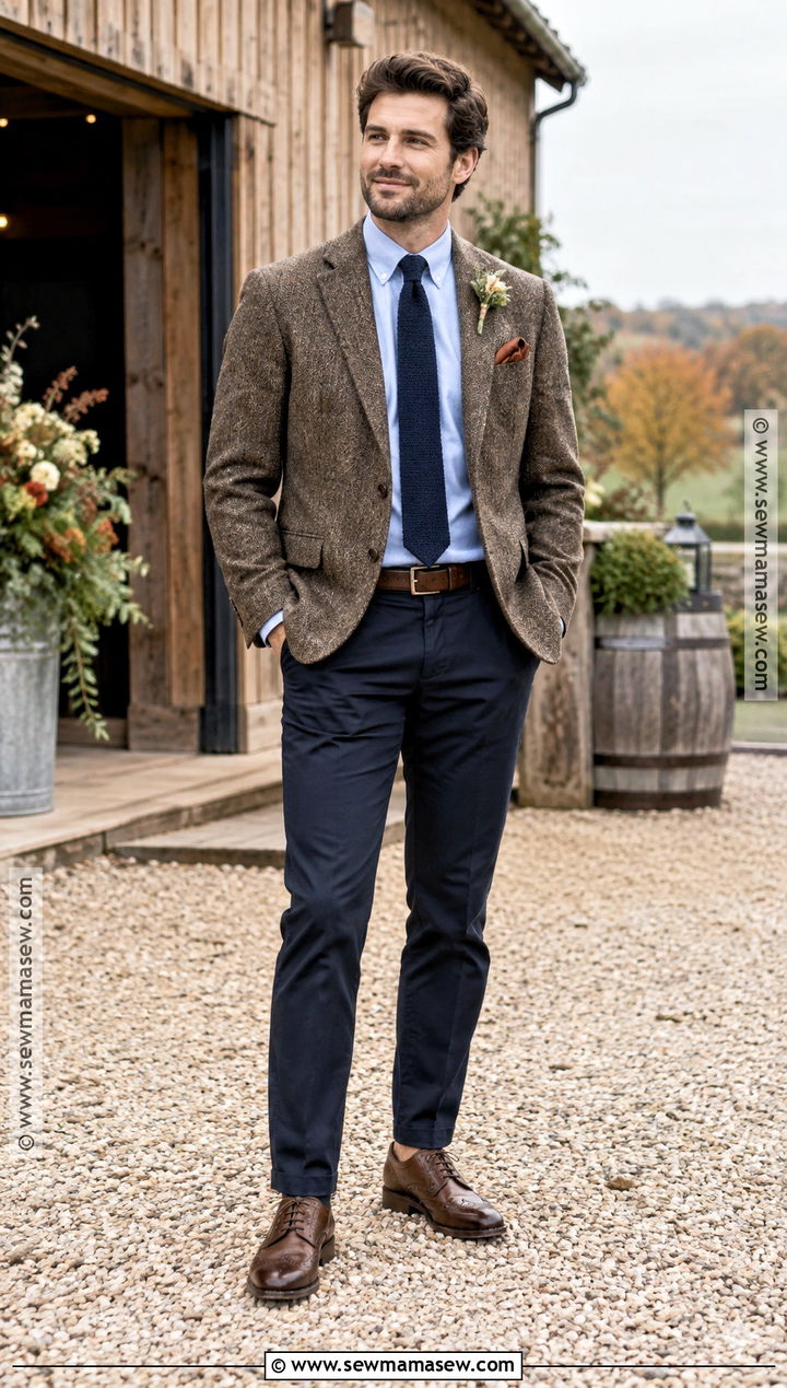 Brown Tweed Blazer With Navy Chinos - 15 casual fall wedding groom attire ideas
