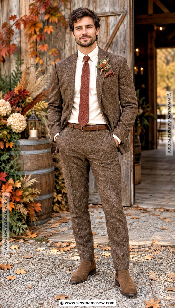 Brown Tweed Fall Groom Outfit - 15 casual groom attire fall ideas