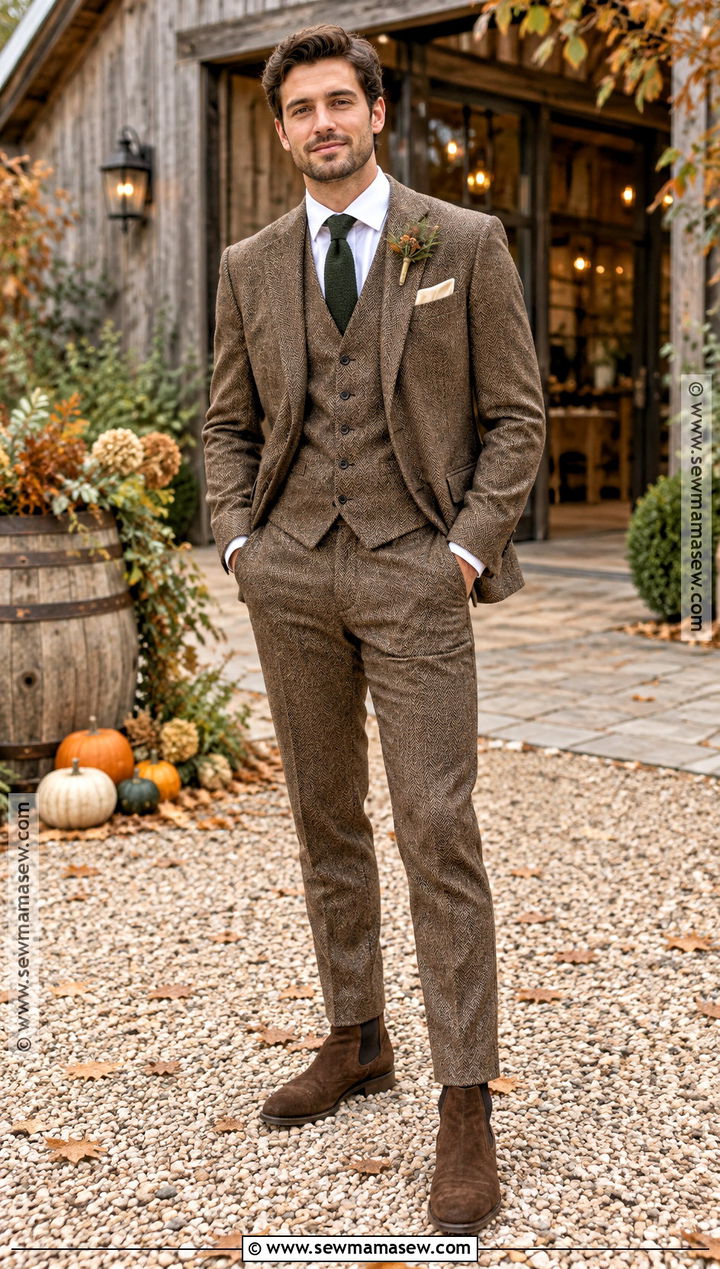 Brown Tweed Fall Groom Suit - 15 fall groom wedding attire ideas