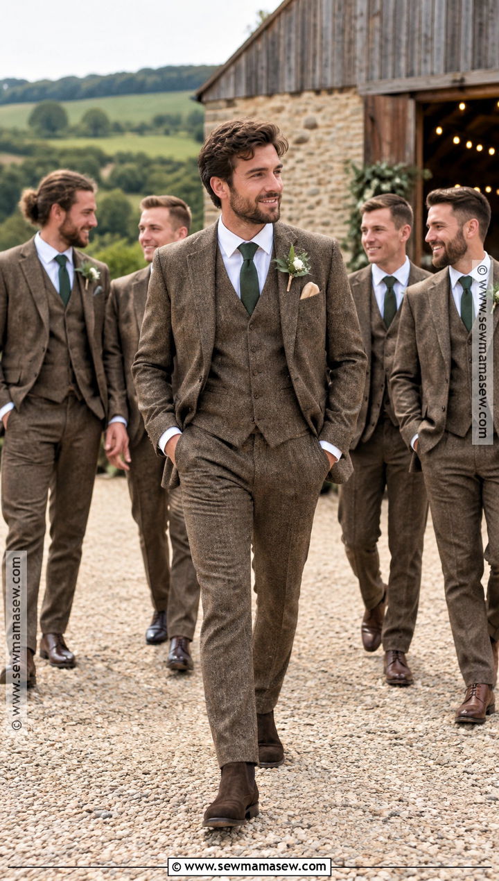 Brown Tweed Fall Wedding Suit With Suede Boots - 15 fall mens wedding attire groom & groomsmen suits ideas