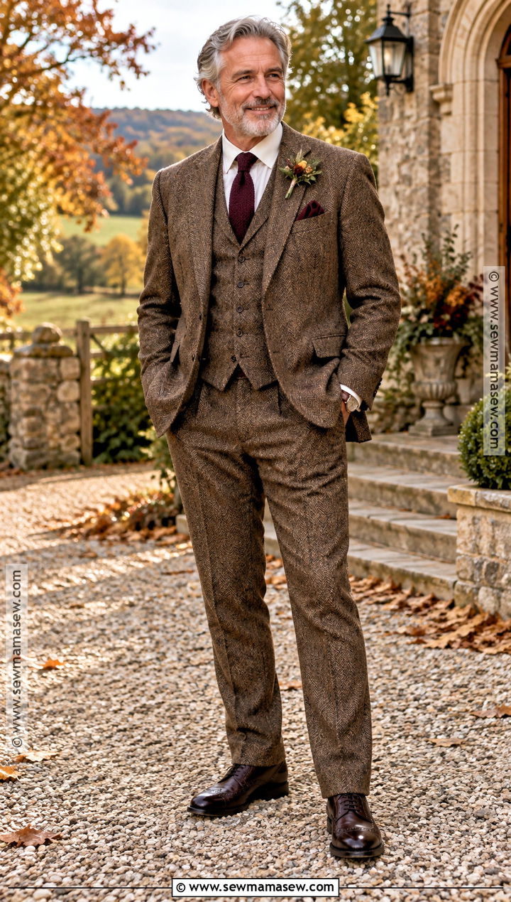 Brown Tweed Father Of The Bride Suit With Knit Tie - 15 Father Of The Bride Attire Fall Wedding Ideas