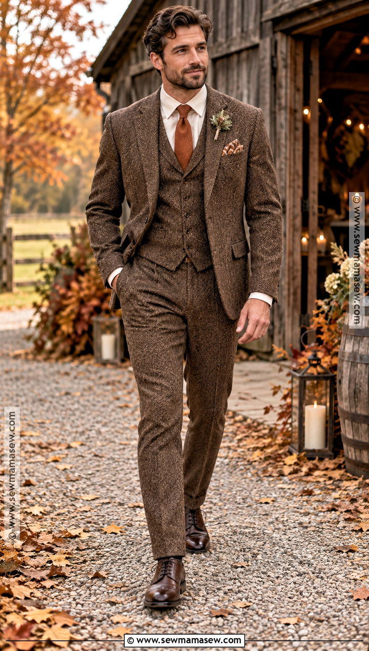 Brown Tweed Groom Suit - 20 groom fall wedding attire ideas
