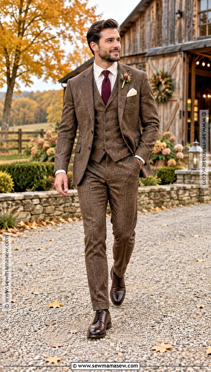 Brown Tweed Groom Suit For A Fall Wedding - 15 groom attire for fall wedding ideas