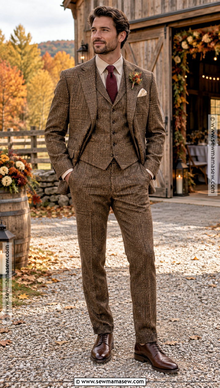 Brown Tweed Groom Suit With Burgundy Tie - 20 fall groom attire ideas