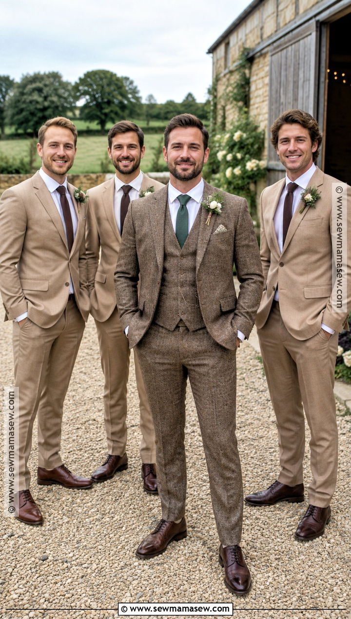 Brown Tweed Groom Suit With Tan Groomsmen Suits - 15 fall groom and groomsmen attire ideas