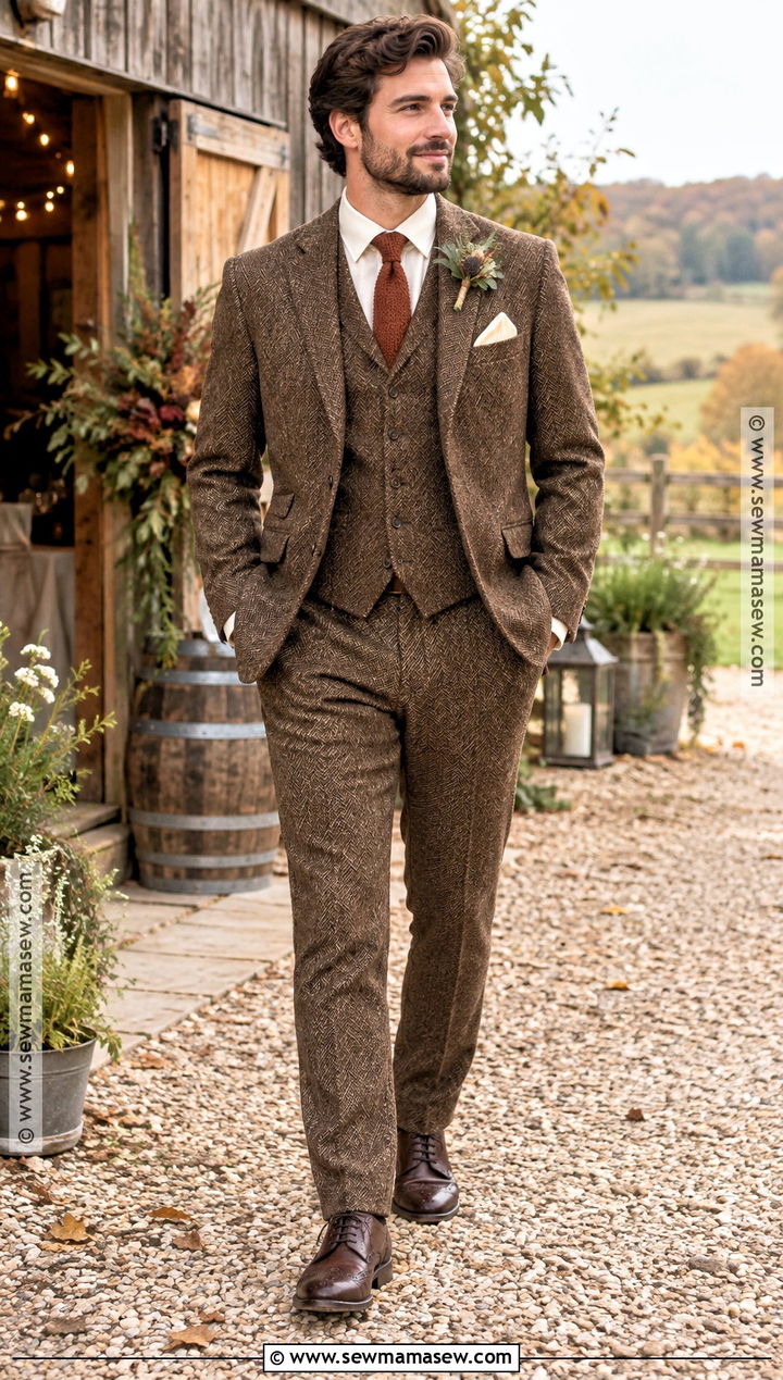 Brown Tweed Groom Suit - 15 groom attire fall wedding ideas