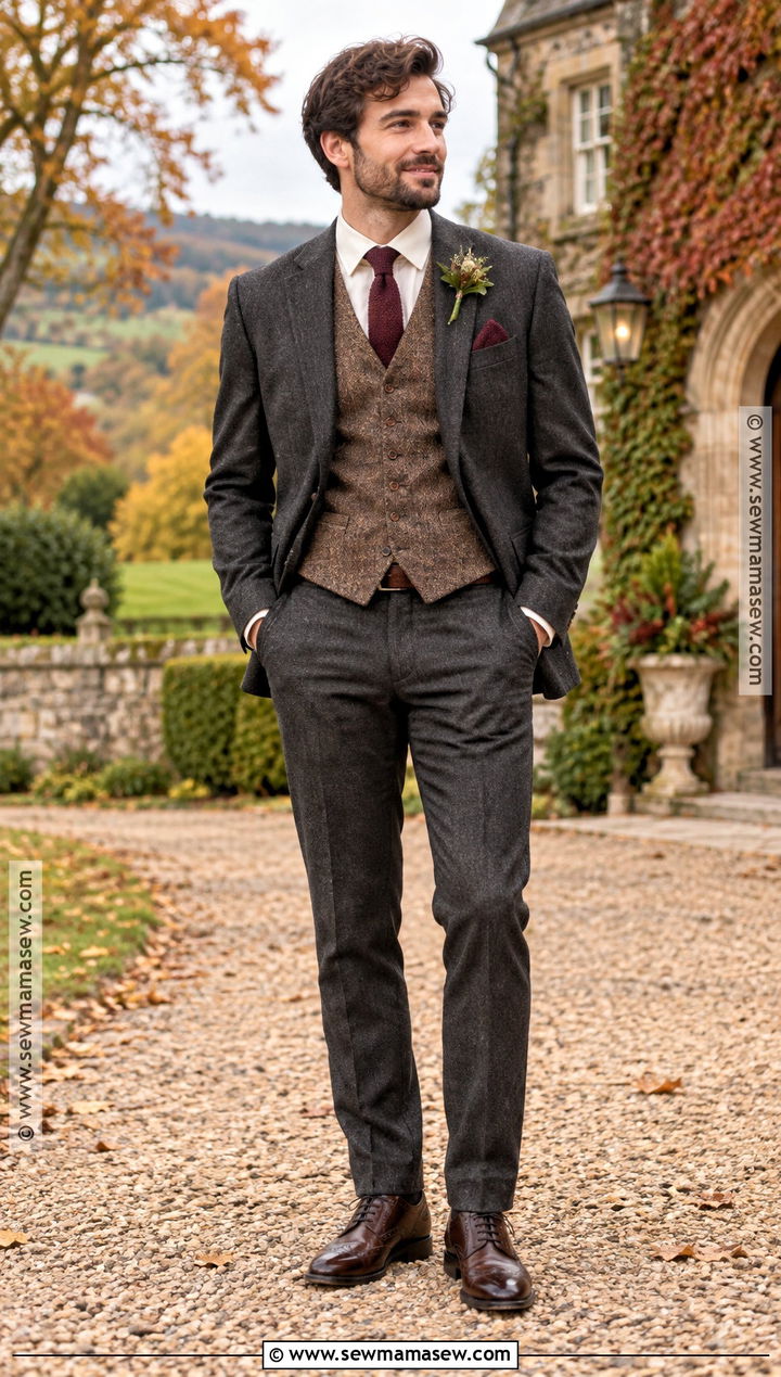 Brown Tweed Groom Vest With Charcoal Suit - 15 fall groom attire vest ideas