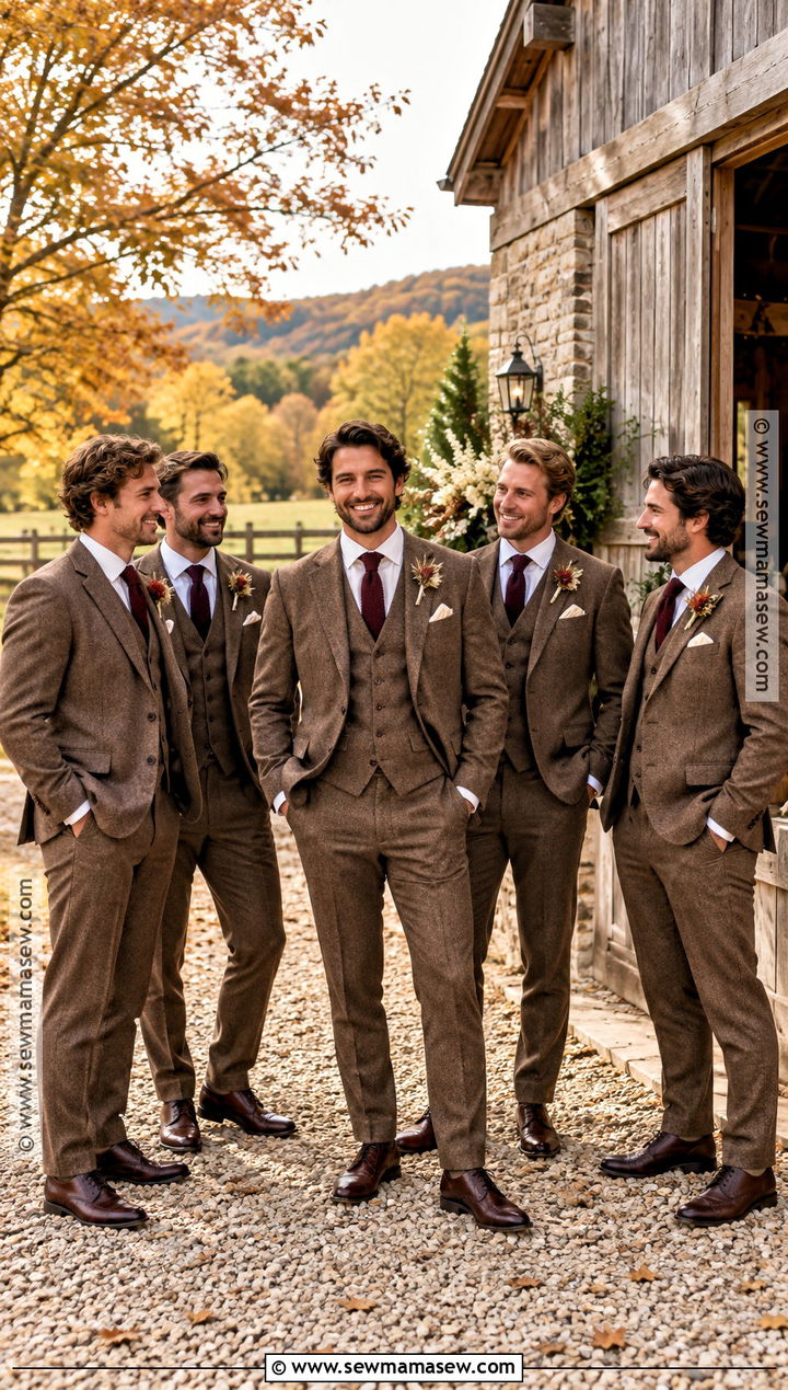 Brown Tweed Groomsmen Suit With Burgundy Tie - 15 fall groomsmen attire brown ideas