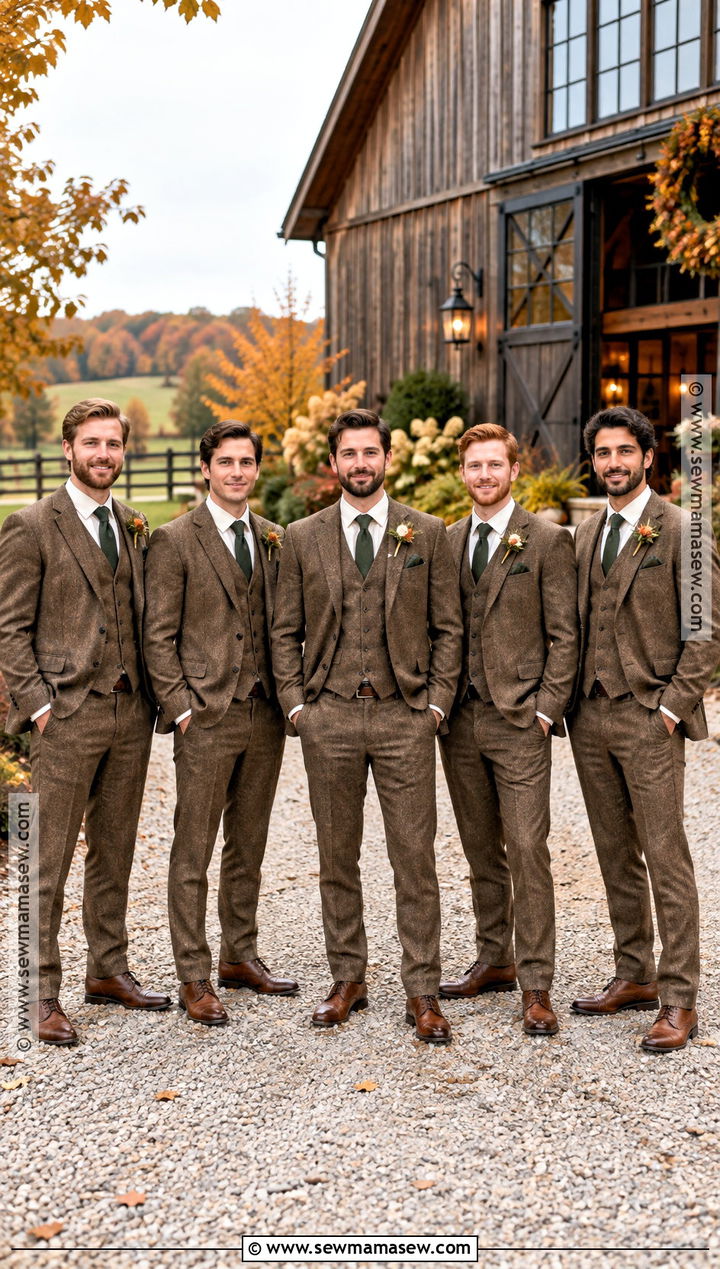 Brown Tweed Groomsmen Suit With Cream Shirt - 15 groomsmen attire for fall wedding ideas
