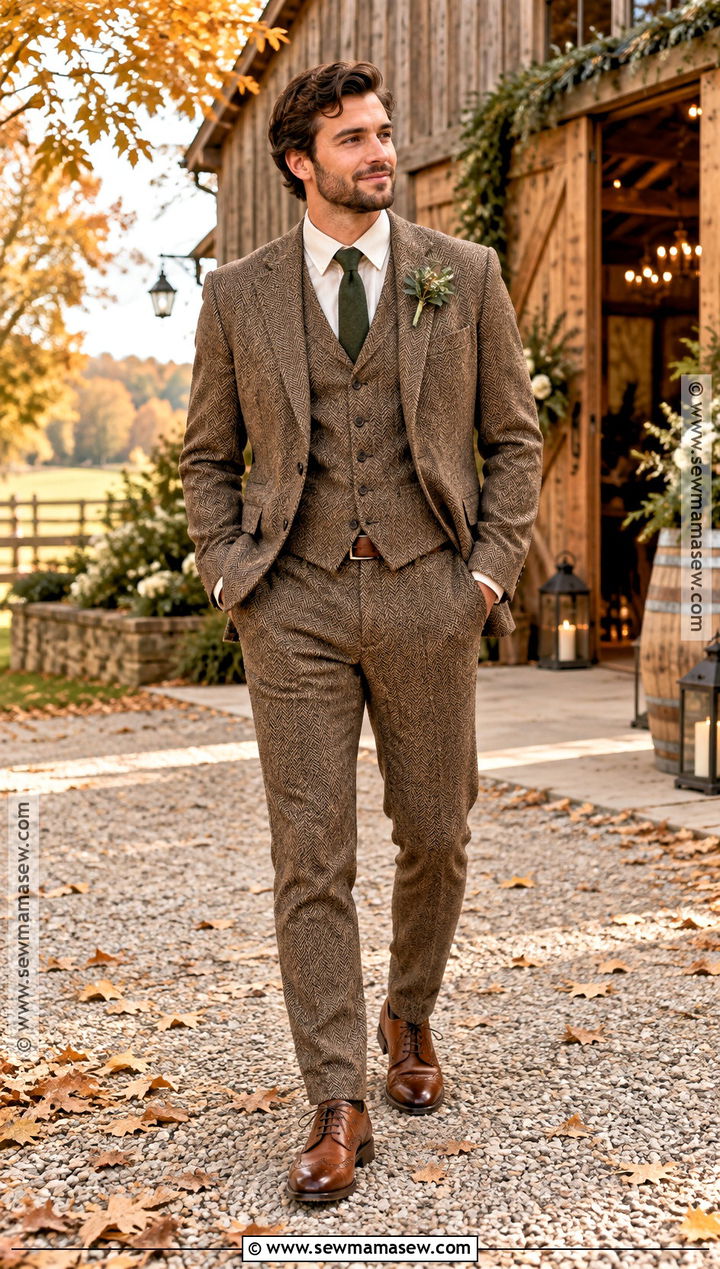 Brown Tweed Groomsmen Suit With Cream Shirt - 15 fall wedding party attire groomsmen ideas