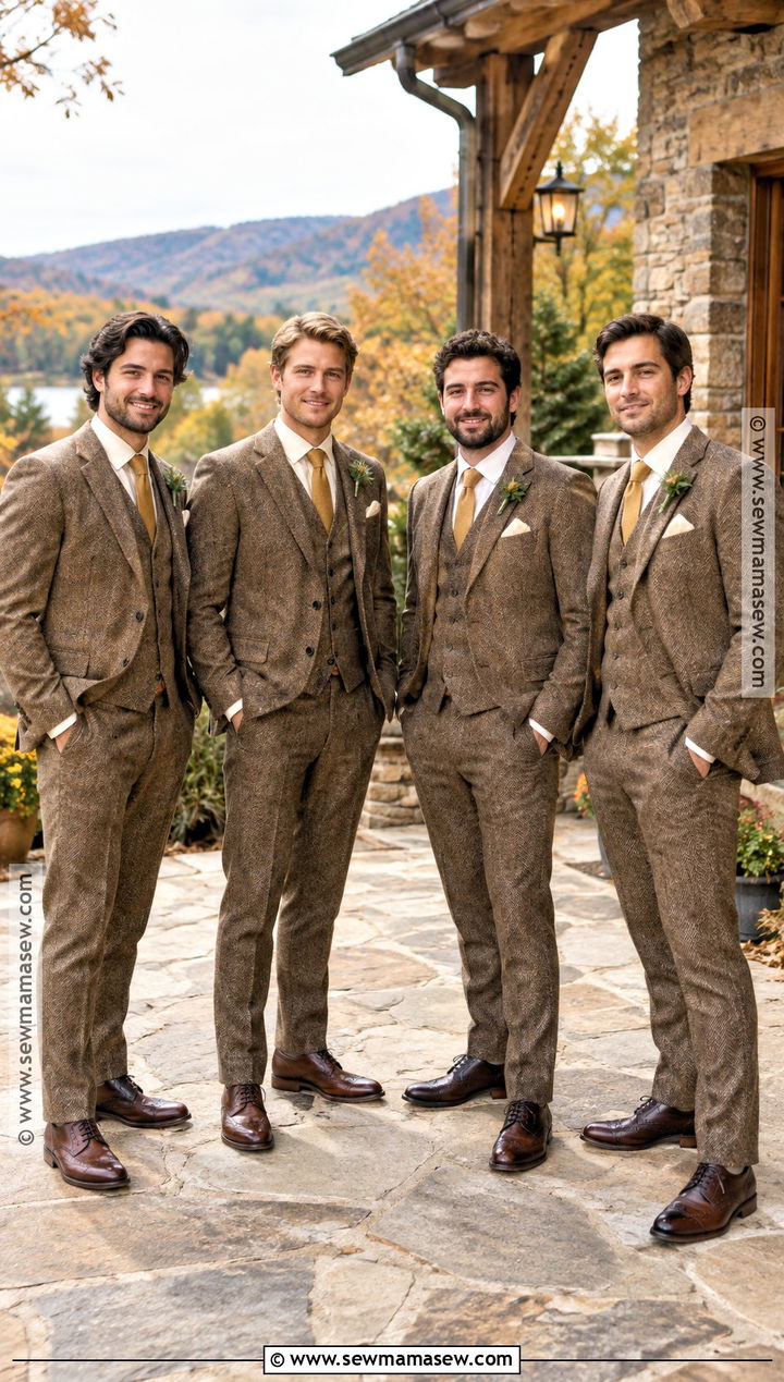 Brown Tweed Groomsmen Suit With Mustard Tie - 15 groomsmen attire fall wedding color combos