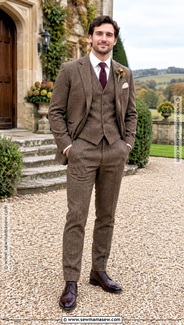 Brown Tweed Groomsmen Suit With Waistcoat - 25 fall groomsmen attire ideas