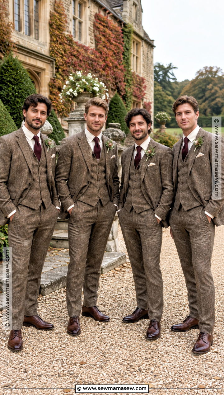 Brown Tweed Groomsmen Suits With Knit Ties - 15 september groomsmen attire ideas