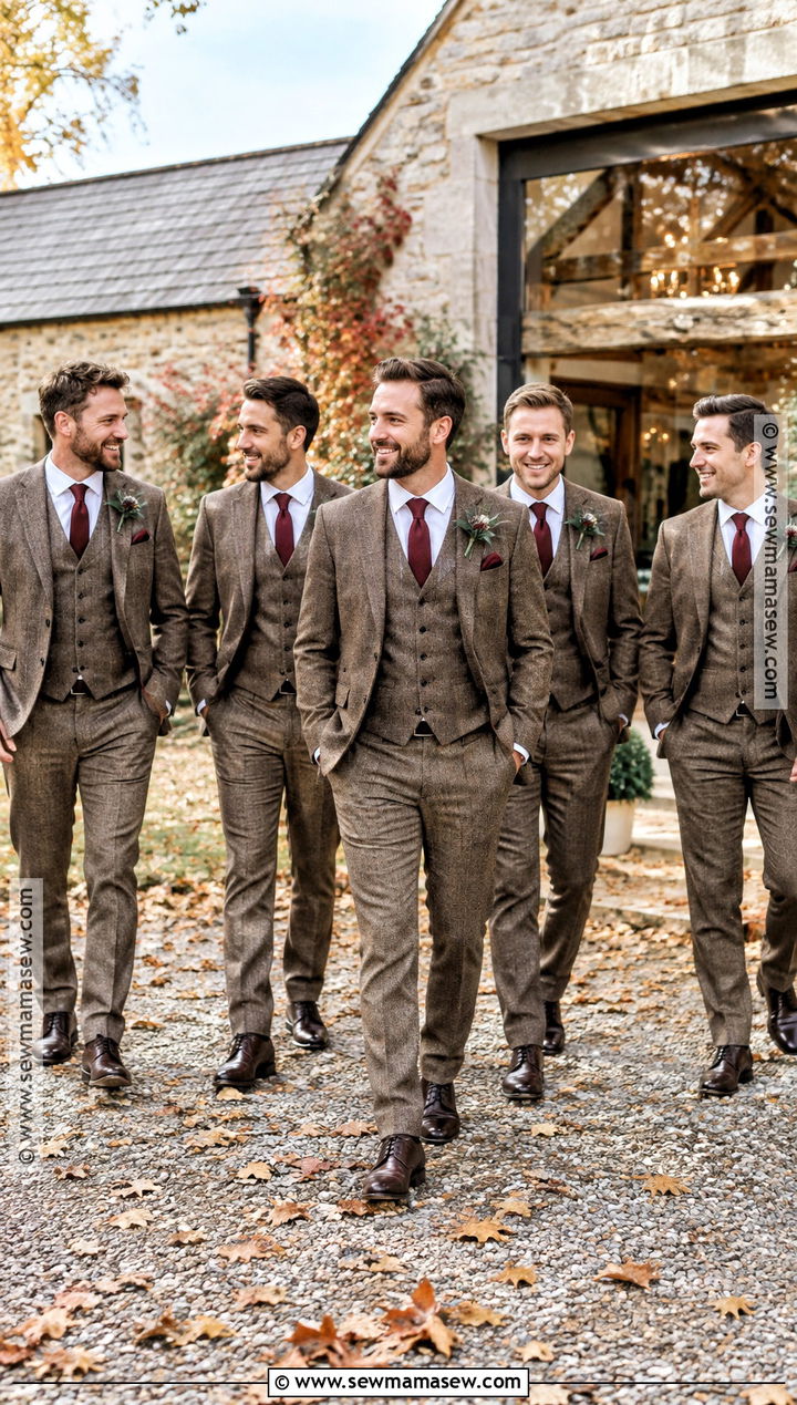 Brown Tweed Groomsmen Suits With Wool Ties - 15 groomsmen attire autumn ideas