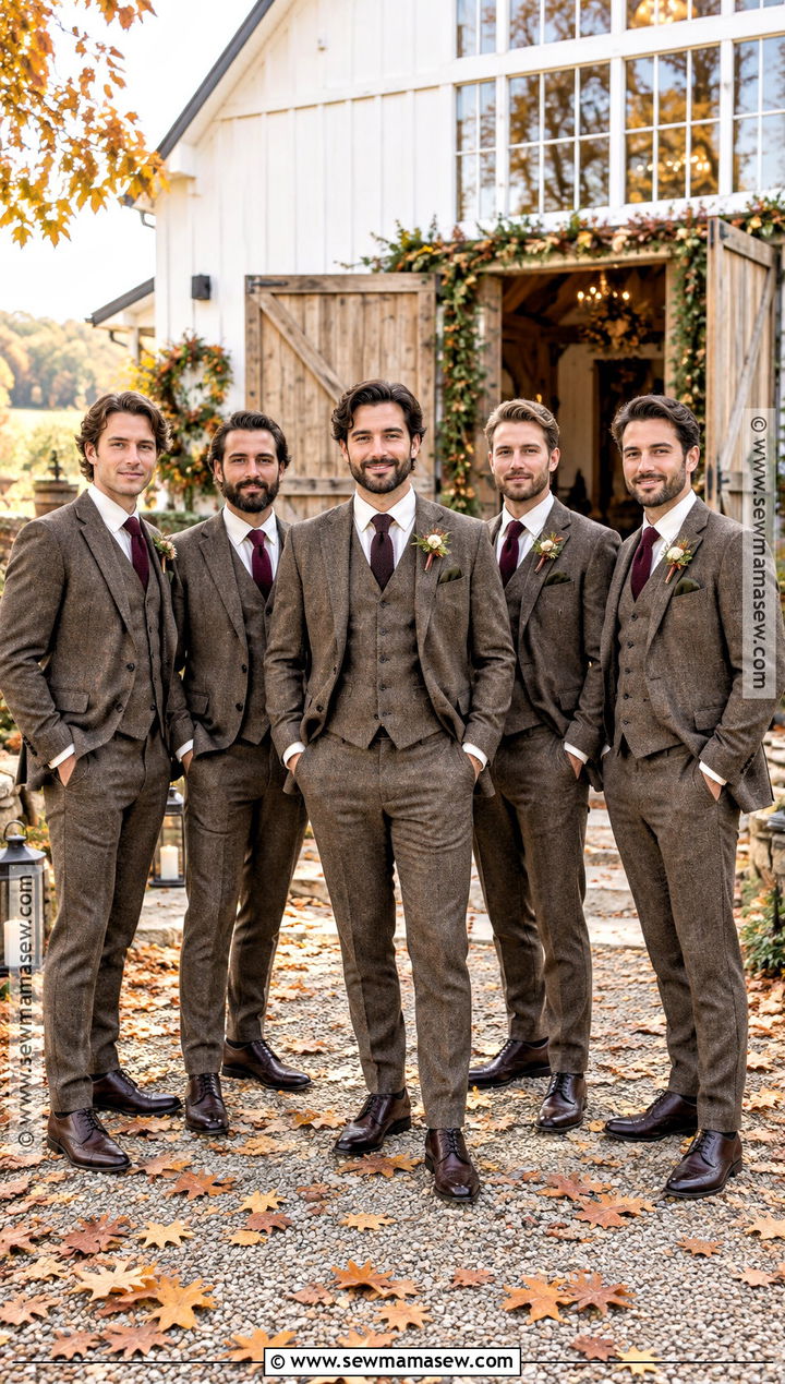 Brown Tweed Groomsmen Suits for a Fall Wedding - 20 groomsmen attire fall wedding ideas