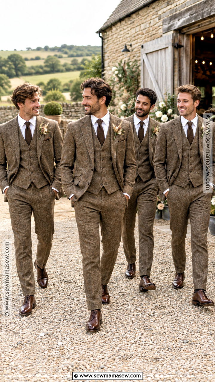 Brown Tweed Groomsmen Three Piece Suits - 20 groomsmen attire fall ideas