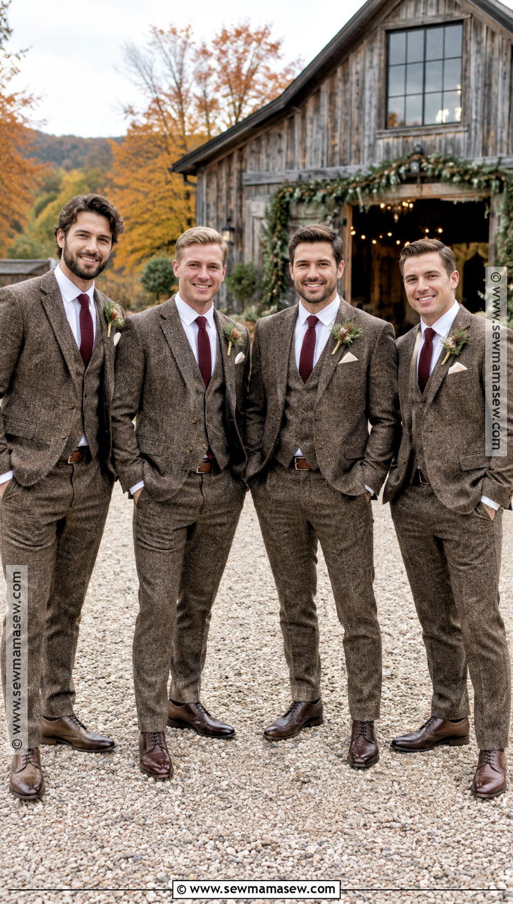 Brown Tweed October Groomsmen Suit With Knit Tie - 15 october groomsmen attire ideas