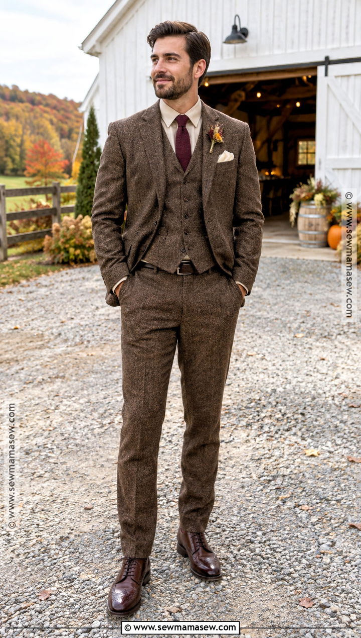 Brown Tweed Suit Groom Outfit - 15 groom outfit fall wedding ideas