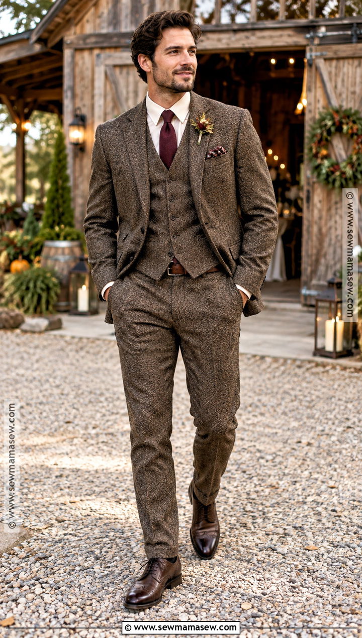 Brown Tweed Suit With Burgundy Tie - 15 fall outdoor wedding groom attire ideas