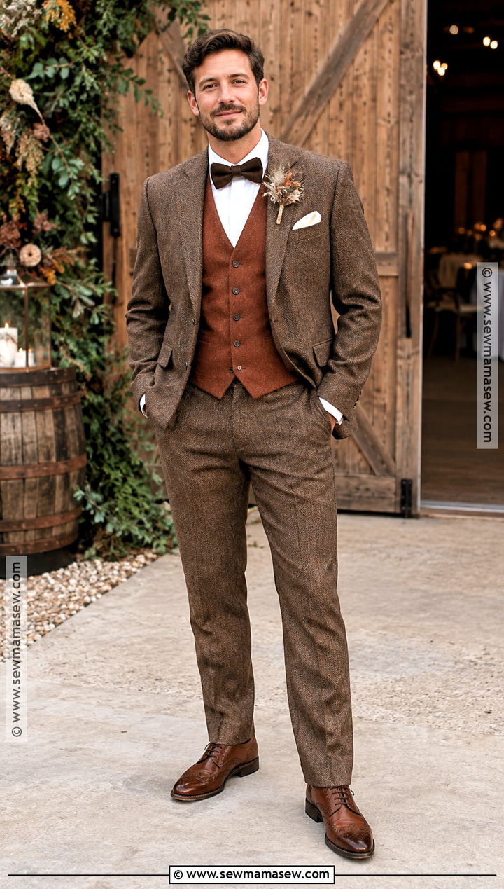 Brown Tweed Suit With Burnt Orange Vest - 15 fall groom attire burnt orange ideas
