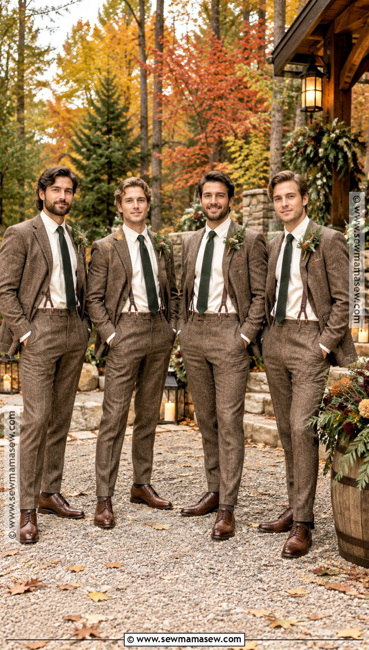 Brown Tweed Suit With Leather Suspenders - 15 fall groomsmen attire suspenders ideas