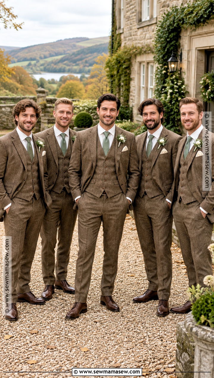 Brown Tweed Suit With Sage Tie Groomsmen Attire - 15 groomsmen attire fall color combos